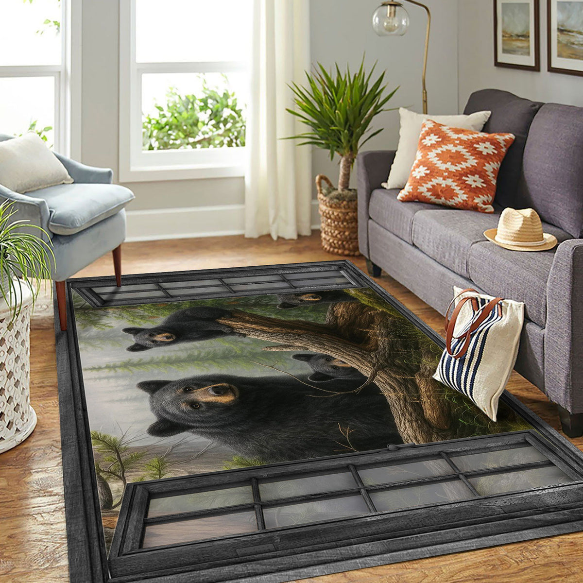 Bear Family Forest Area Rug, Black Bear Wildlife Floor Rug, Rustic Cabin Nature Home Decor for Living Room Bedroom