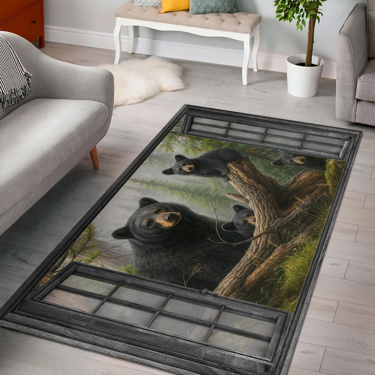 Bear Family Forest Area Rug, Black Bear Wildlife Floor Rug, Rustic Cabin Nature Home Decor for Living Room Bedroom
