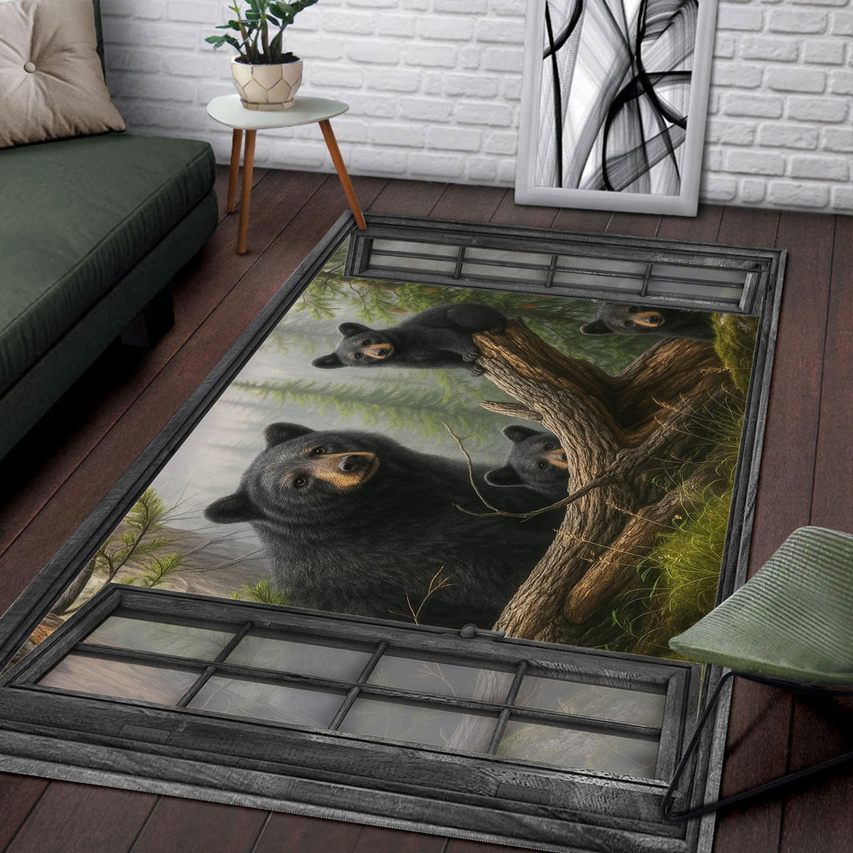 Bear Family Forest Area Rug, Black Bear Wildlife Floor Rug, Rustic Cabin Nature Home Decor for Living Room Bedroom