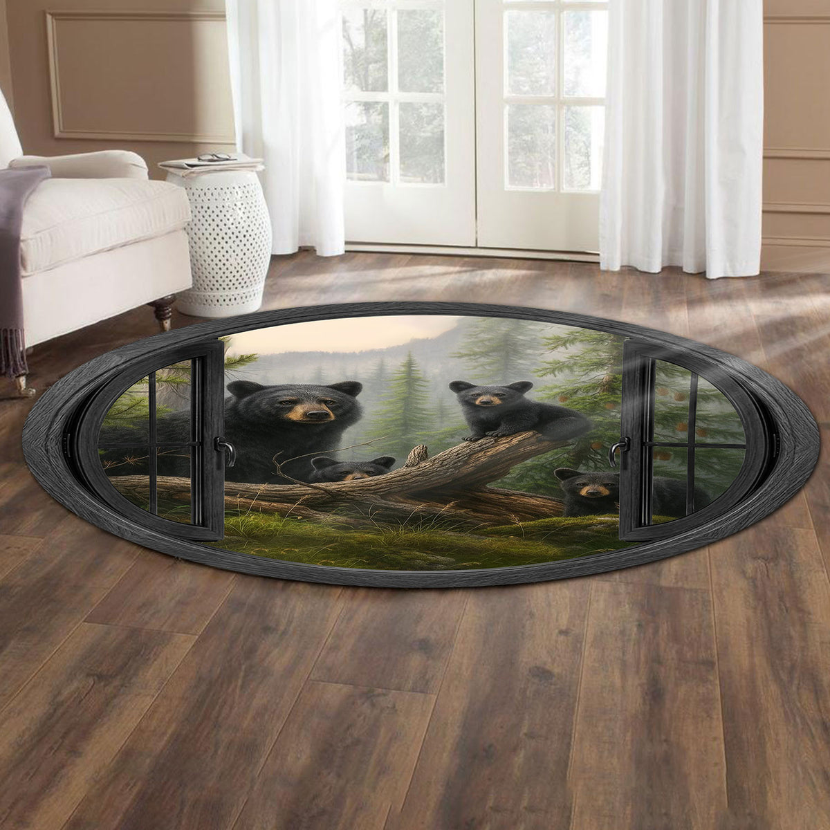 Bear Family Forest Roundmat, Black Bear Wildlife Floor Rug, Unique Gift for Nature Lovers Dad Husband, Decor for Home
