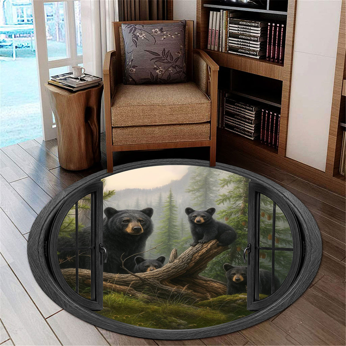 Bear Family Forest Roundmat, Black Bear Wildlife Floor Rug, Unique Gift for Nature Lovers Dad Husband, Decor for Home