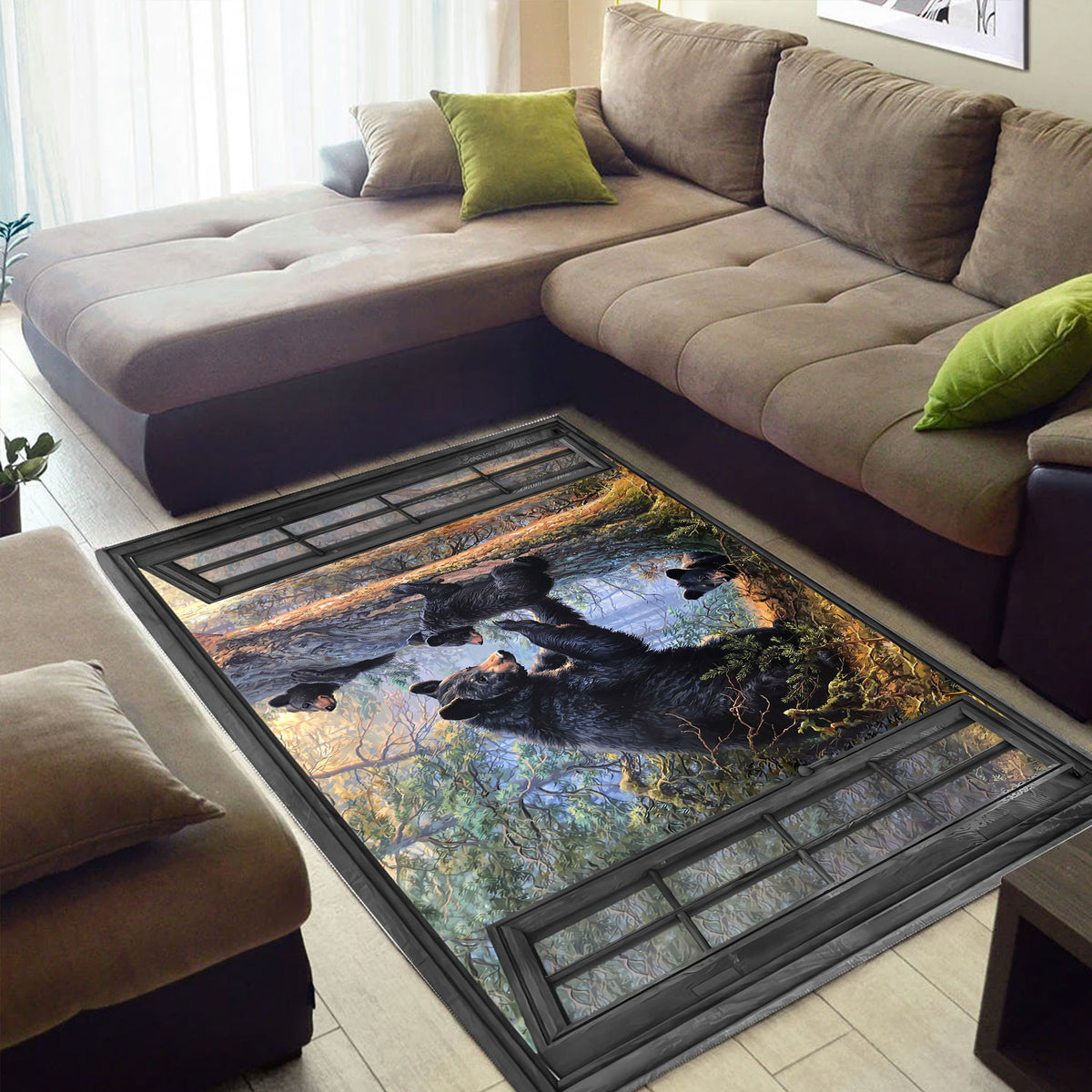 Bear Family Forest Area Rug, Window Wildlife Floor Rug, Black Bear Nature Home Decor for Living Room Bedroom, Gift for Nature Lovers
