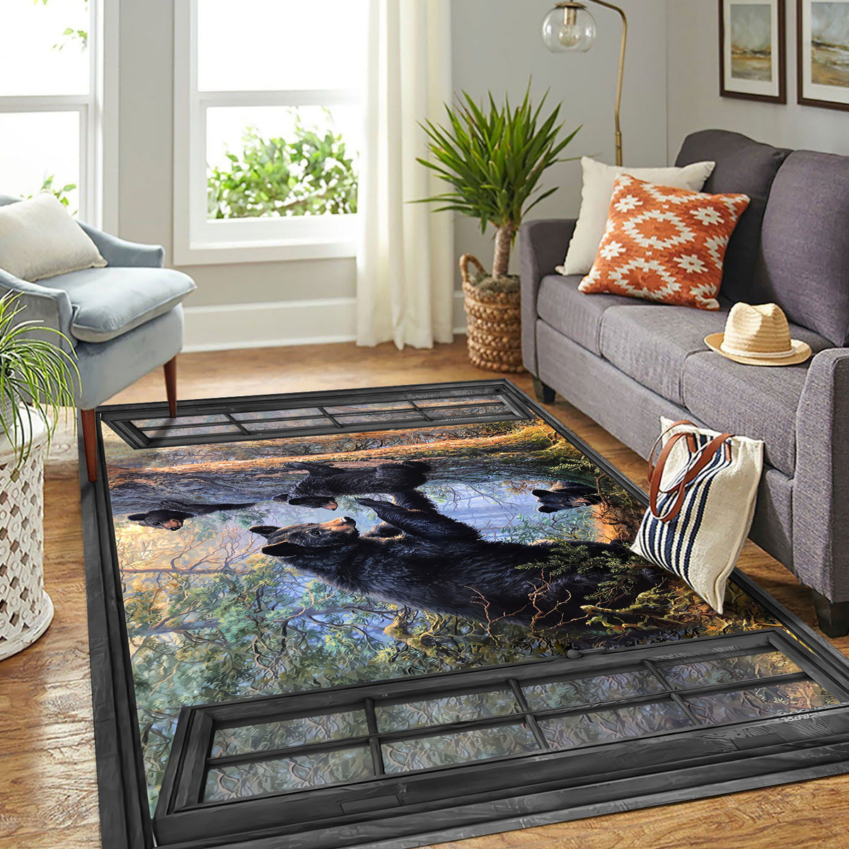 Bear Family Forest Area Rug, Window Wildlife Floor Rug, Black Bear Nature Home Decor for Living Room Bedroom, Gift for Nature Lovers