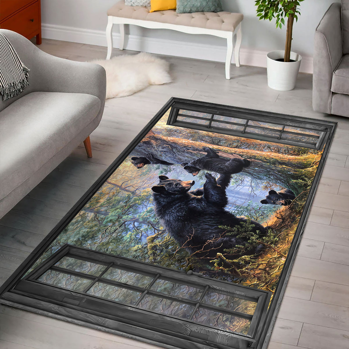 Bear Family Forest Area Rug, Window Wildlife Floor Rug, Black Bear Nature Home Decor for Living Room Bedroom, Gift for Nature Lovers