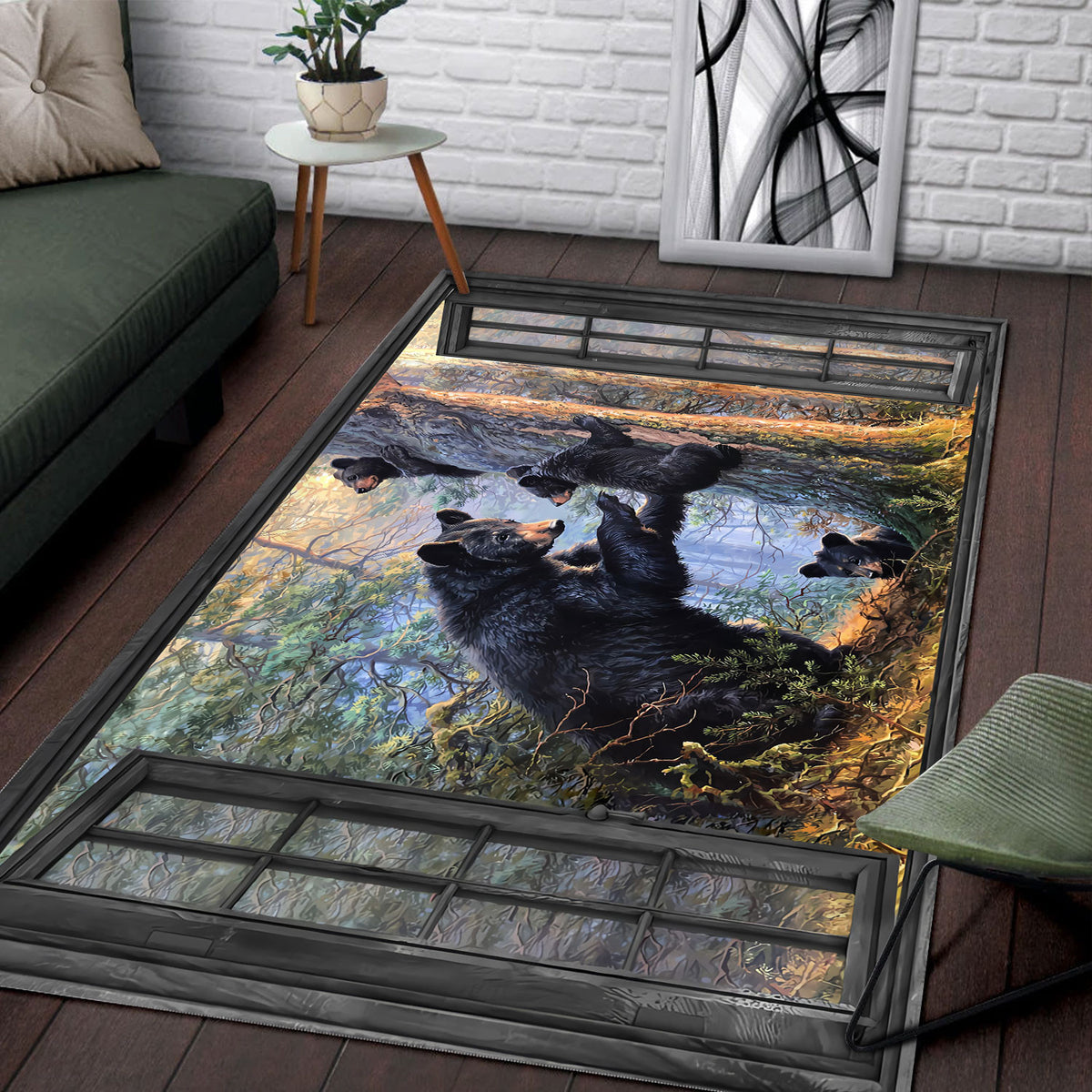 Bear Family Forest Area Rug, Window Wildlife Floor Rug, Black Bear Nature Home Decor for Living Room Bedroom, Gift for Nature Lovers