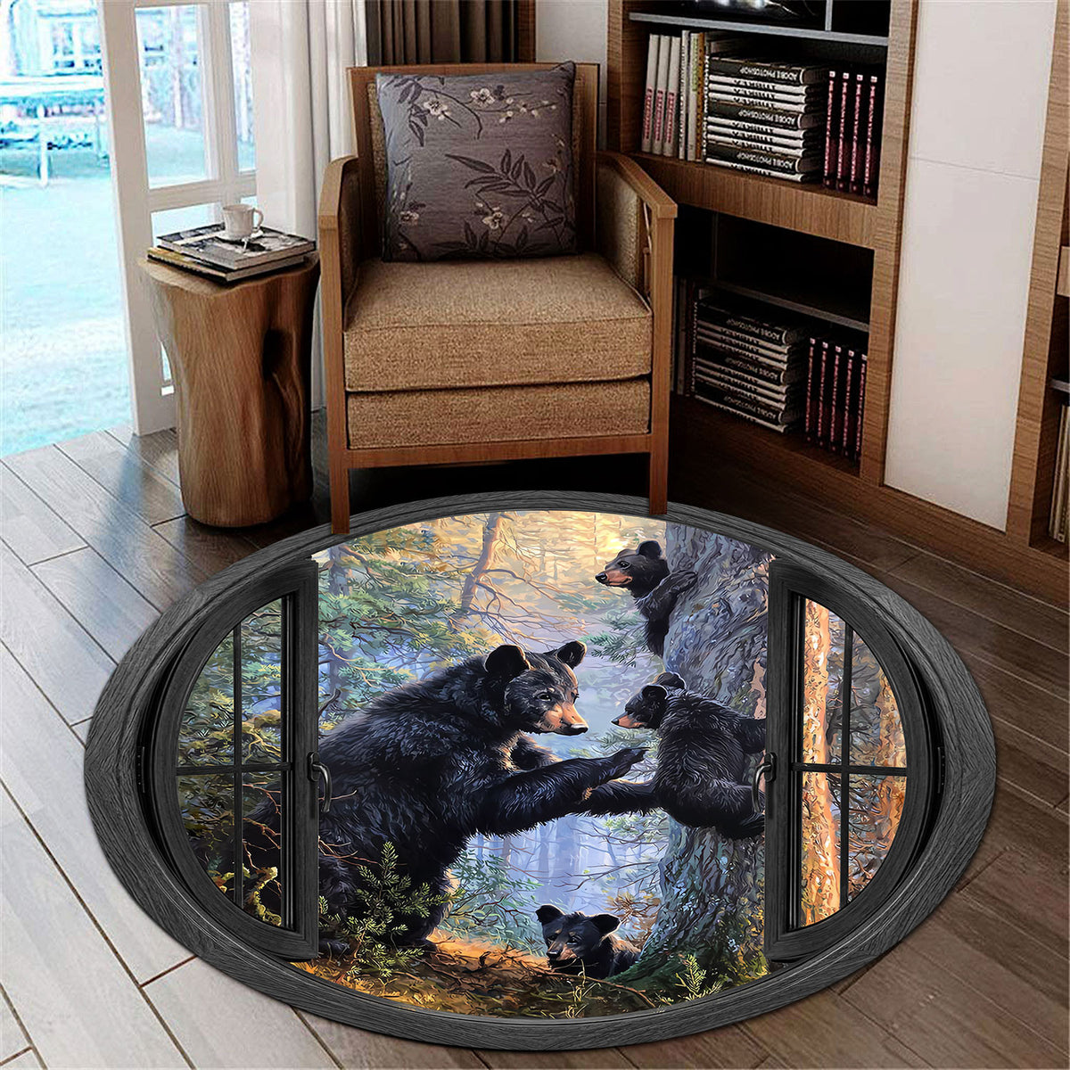 Black Bear Family Round Mat, Forest Wildlife Floor Decor, Nature Animal Rug for Home Living Room, GIft For Dad Husband