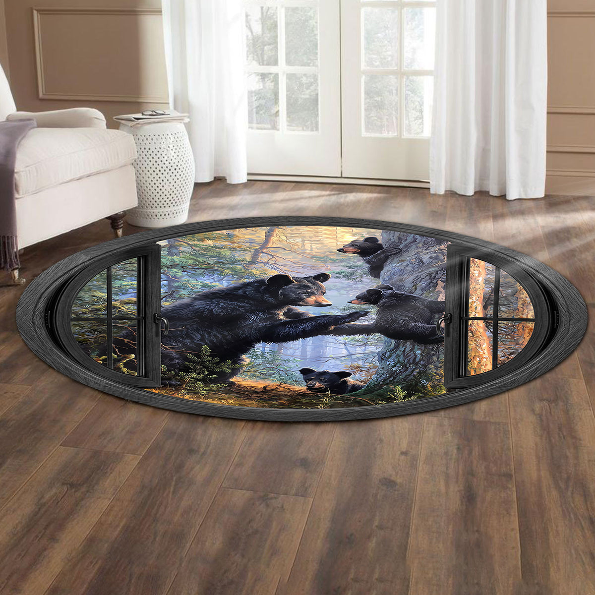Black Bear Family Round Mat, Forest Wildlife Floor Decor, Nature Animal Rug for Home Living Room, GIft For Dad Husband