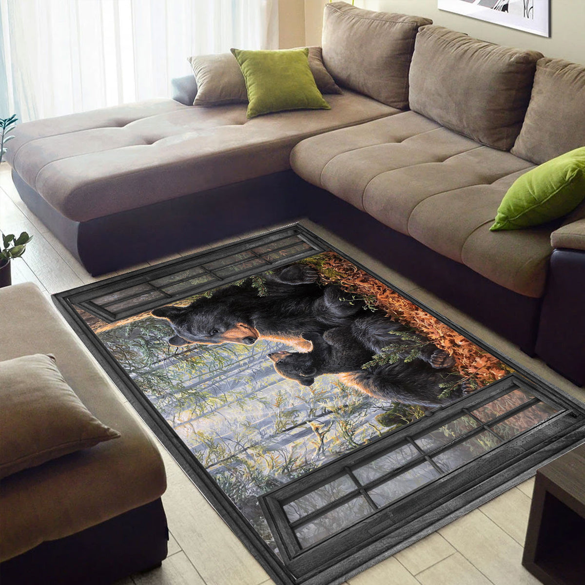 Bear Family Area Rug, Window Forest Wildlife Floor Rug, Black Bear Nature Home Decor, Gift for Dad Husband