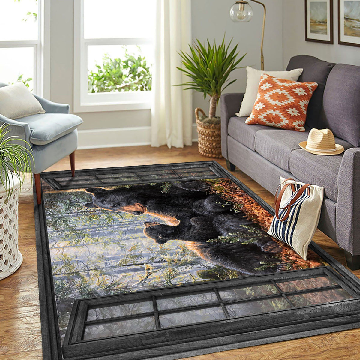 Bear Family Area Rug, Window Forest Wildlife Floor Rug, Black Bear Nature Home Decor, Gift for Dad Husband