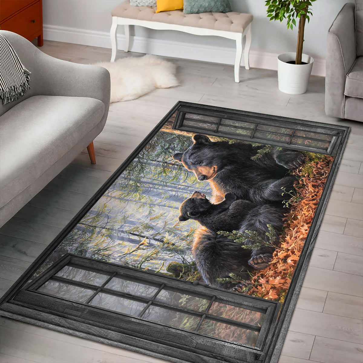 Bear Family Area Rug, Window Forest Wildlife Floor Rug, Black Bear Nature Home Decor, Gift for Dad Husband