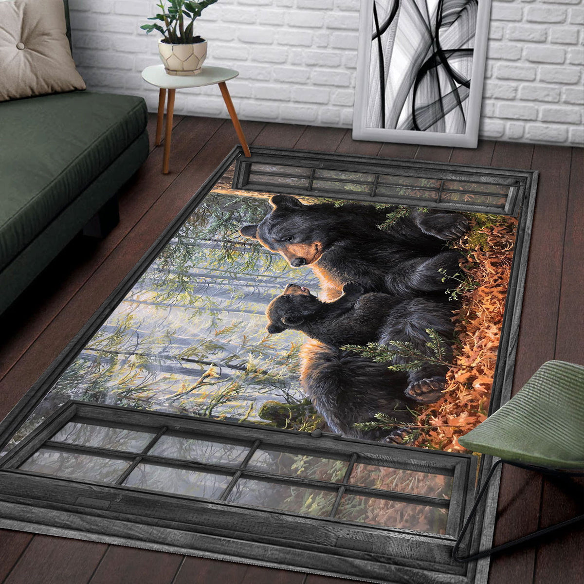 Bear Family Area Rug, Window Forest Wildlife Floor Rug, Black Bear Nature Home Decor, Gift for Dad Husband