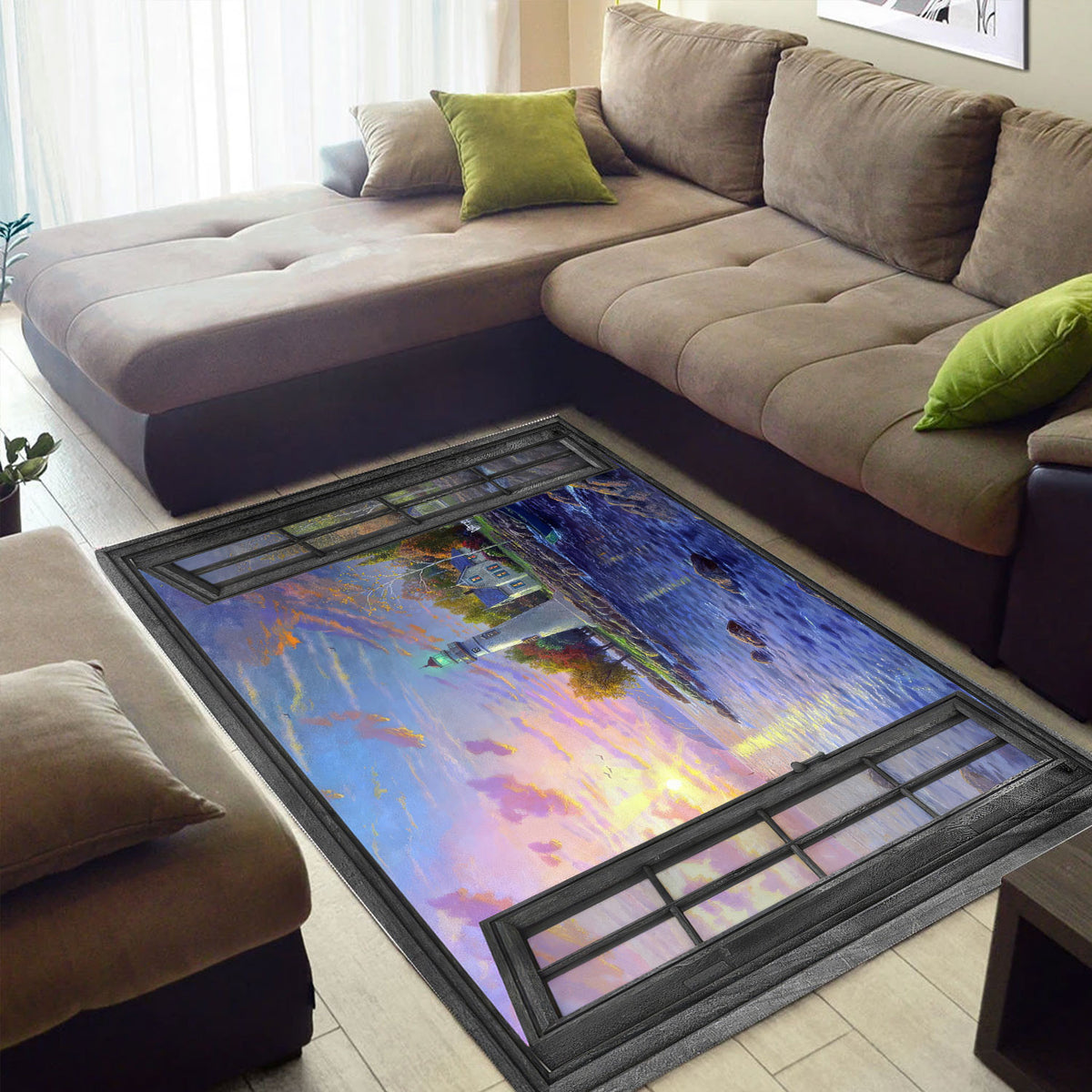 Area Rug Lighthouse Ocean View 3D Illusion Window Floor Rug, Coastal Living Room Decor, Home Decor Gift