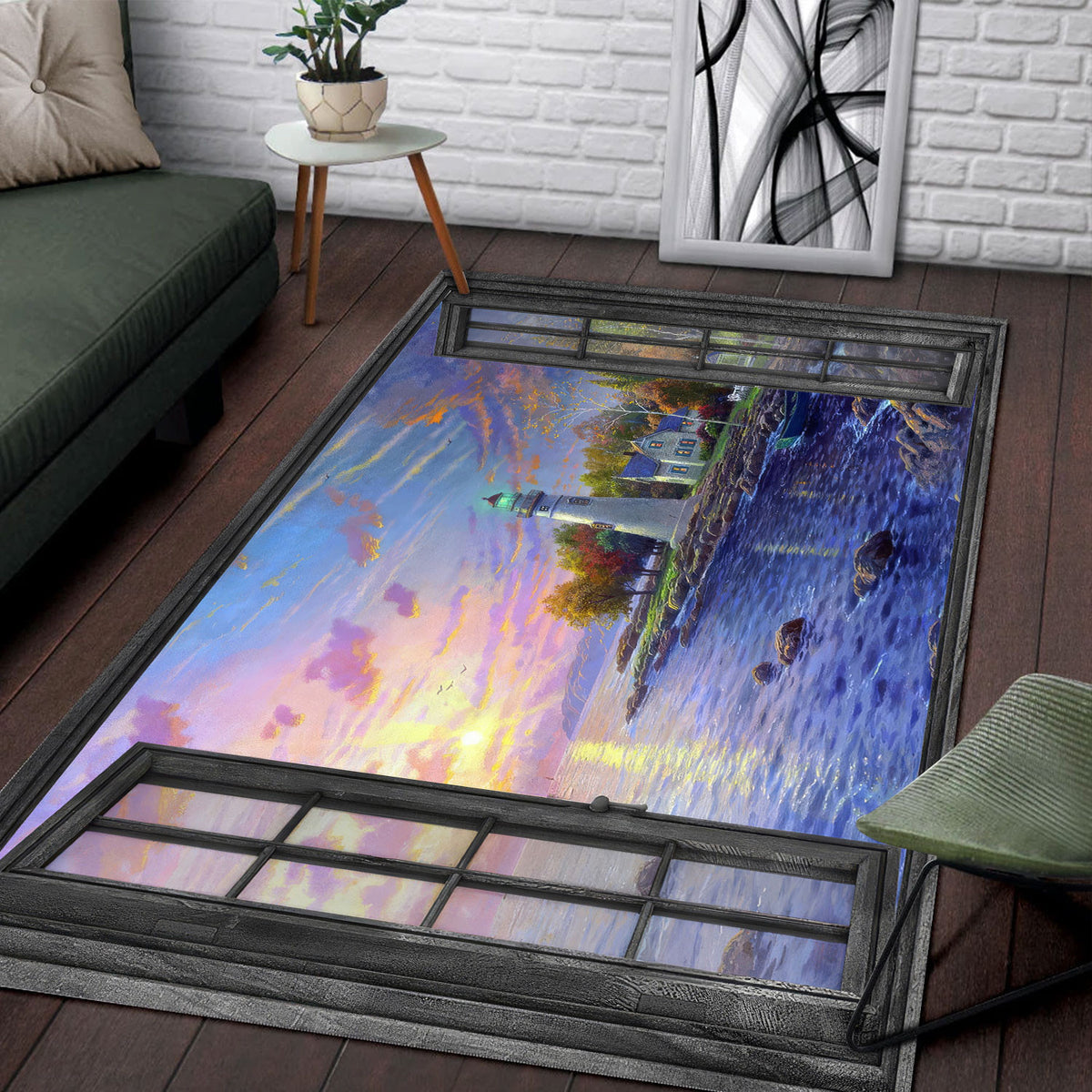 Area Rug Lighthouse Ocean View 3D Illusion Window Floor Rug, Coastal Living Room Decor, Home Decor Gift