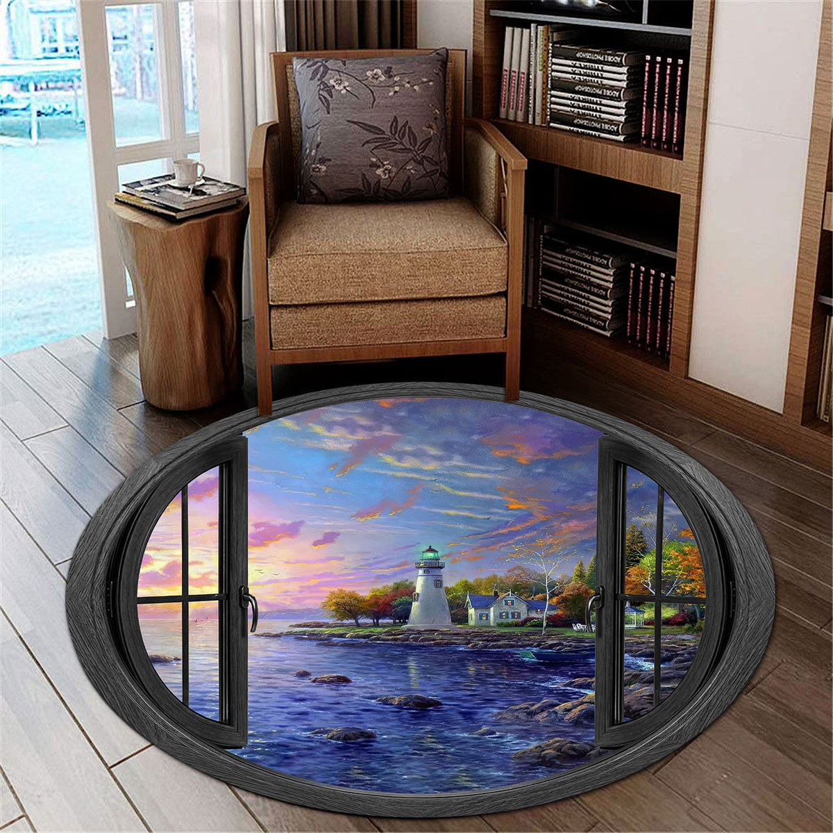 Area Rug Lighthouse Ocean View Window 3D Illusion Rug, Coastal Living Room Floor Decor, Home Decor Gift