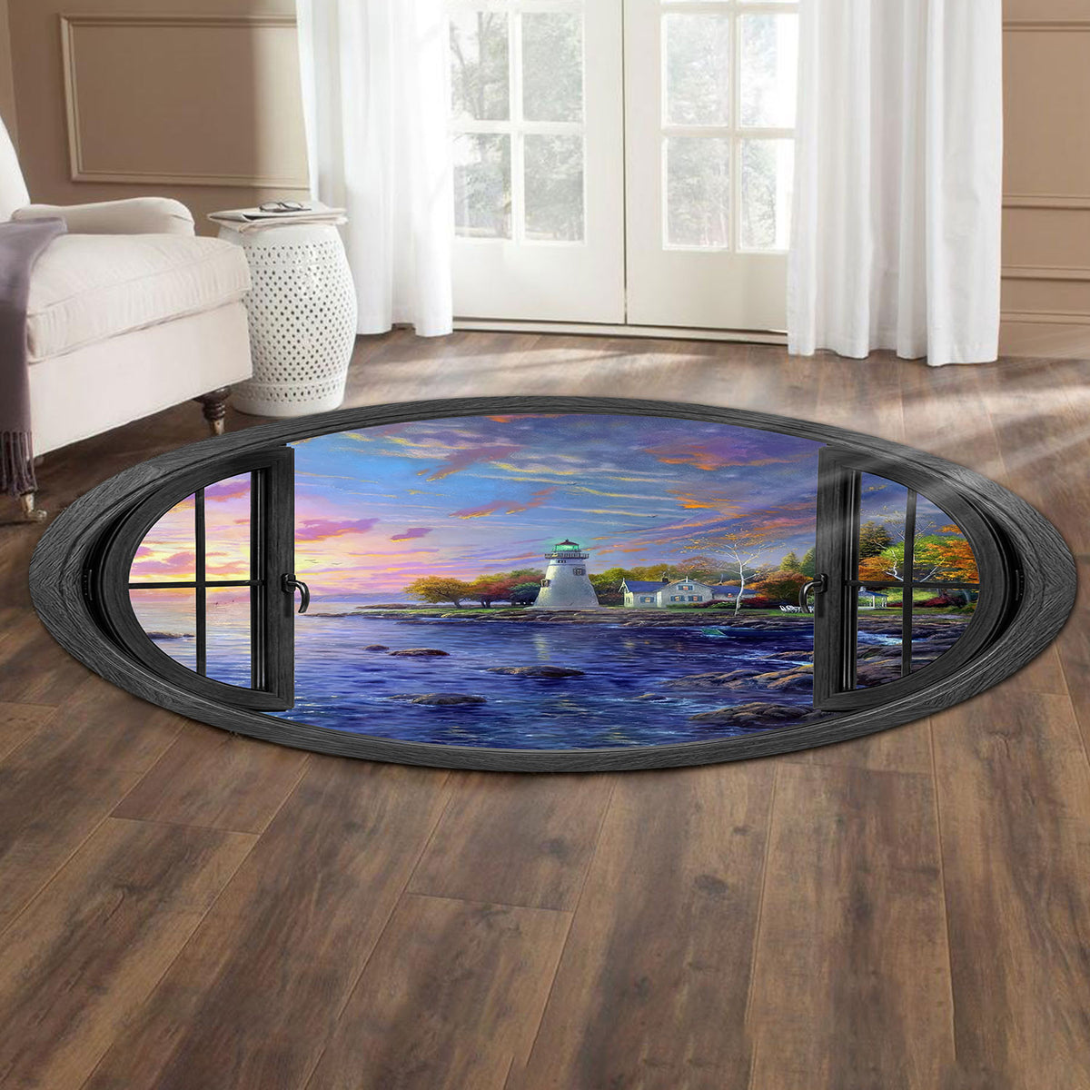Area Rug Lighthouse Ocean View Window 3D Illusion Rug, Coastal Living Room Floor Decor, Home Decor Gift