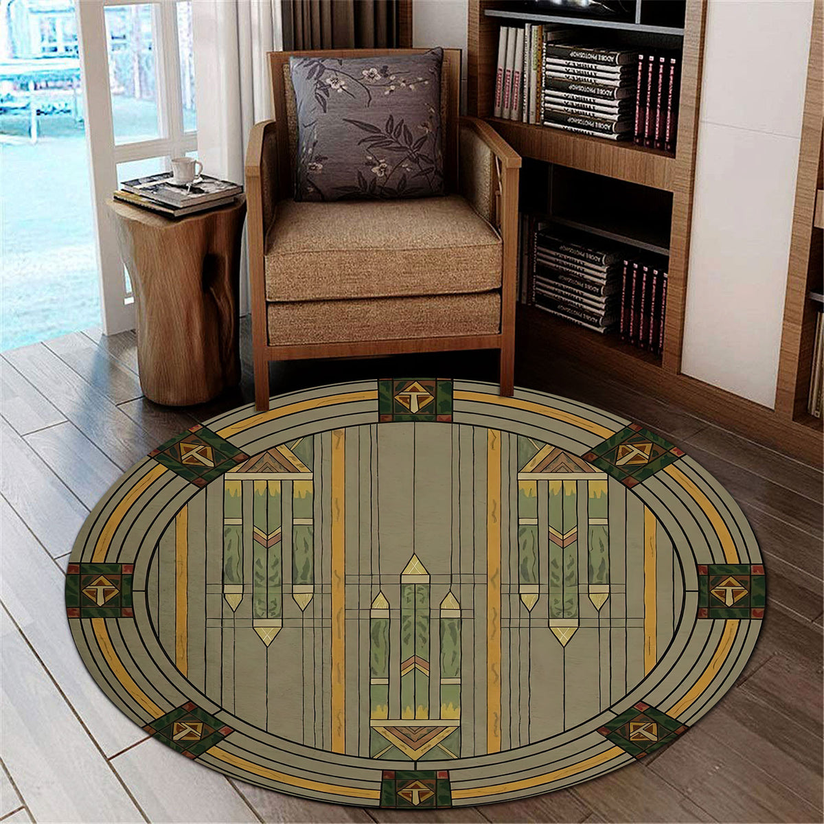 Round Area Rug Art Deco Style, Geometric Vintage Rug, Decor for Living Room Bedroom, Housewarming Gift, Gift for Home Decor