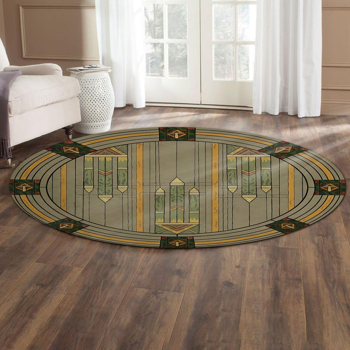 Round Area Rug Art Deco Style, Geometric Vintage Rug, Decor for Living Room Bedroom, Housewarming Gift, Gift for Home Decor