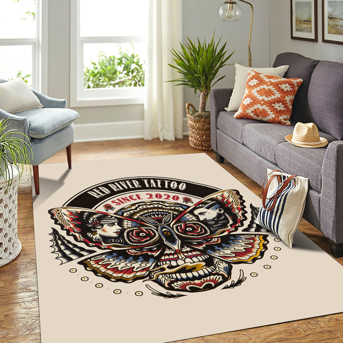 Tattoo Style Area Rug, Skull Butterfly Rug, Gothic Home Decor for Living Room Bedroom, Tattoo Artist Gift, Gift for Him