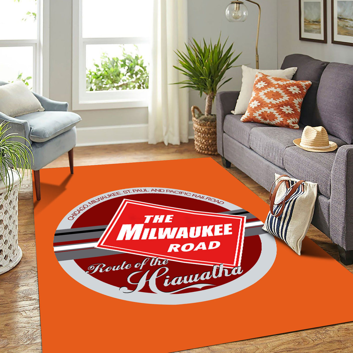 Milwaukee Road Style Area Rug, Vintage Railroad Rug, Railway Home Decor for Living Room Man Cave, Gift for Train Lovers