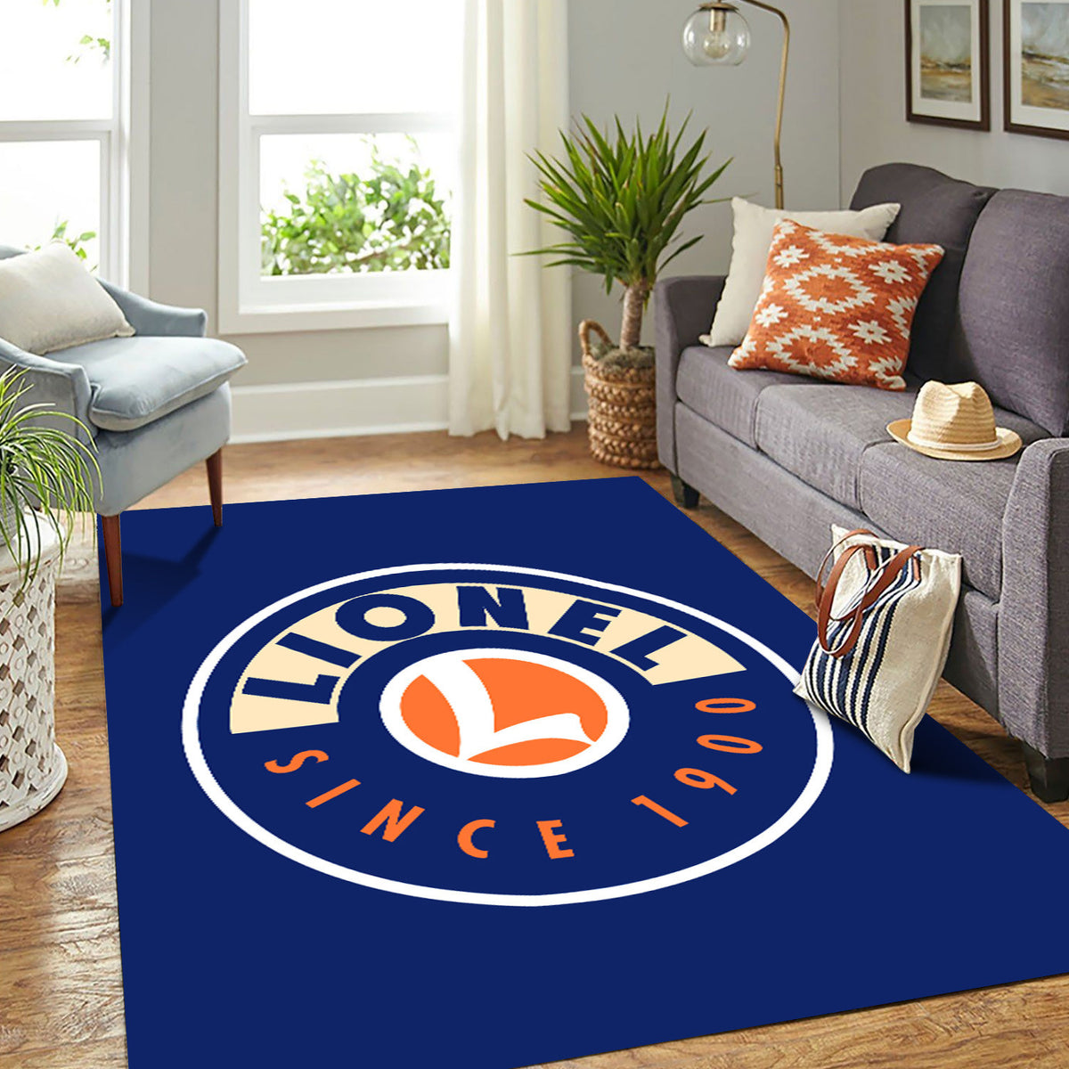 Lionel Train Style Area Rug, Vintage Railroad Logo Rug, Train Room Decor for Living Room Man Cave, Gift for Train Lovers