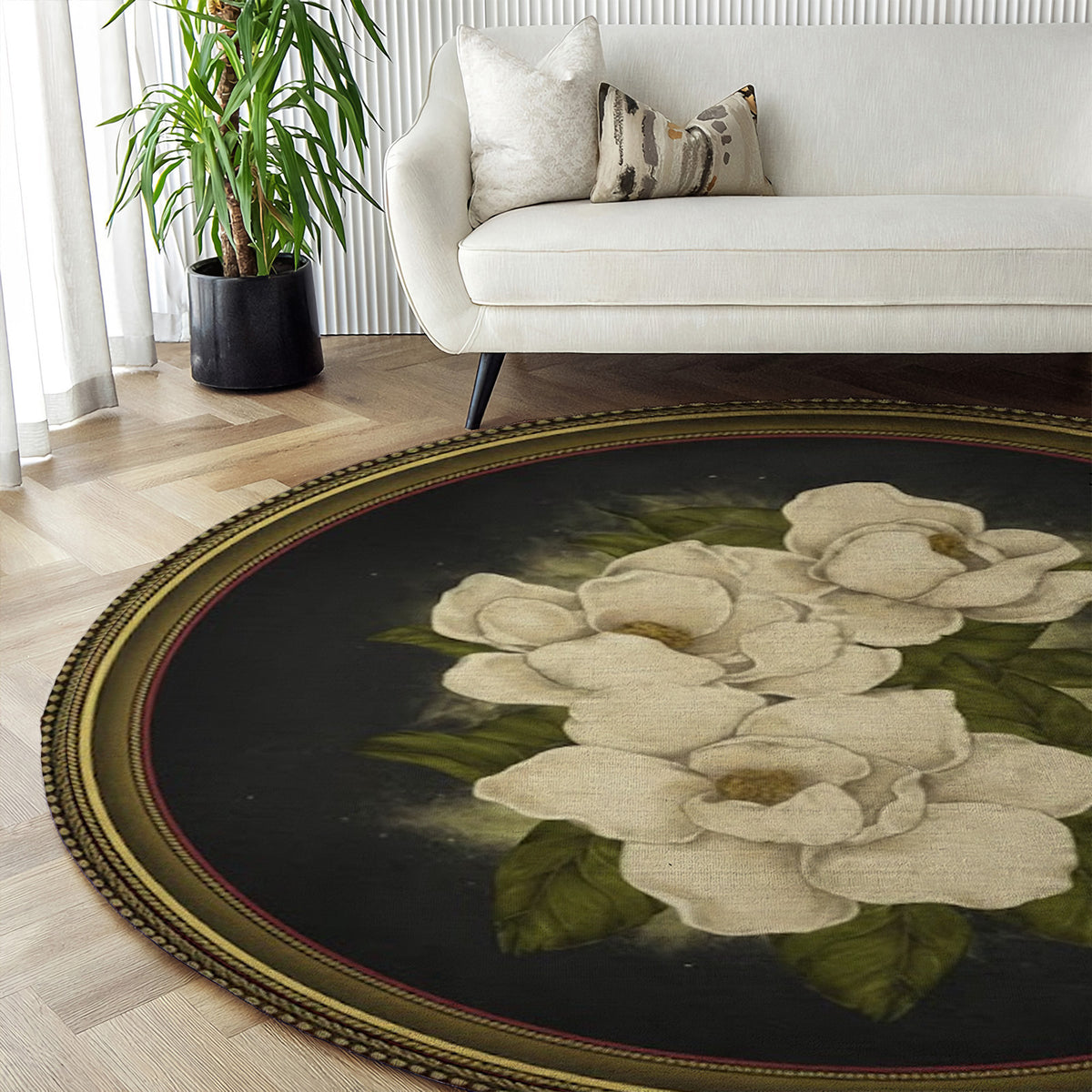 Vintage Floral Round Area Rug, Magnolia Flower Circle Rug, Elegant Home Decor for Living Room Bedroom, Gift for Home