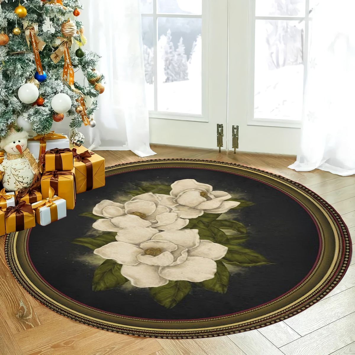 Vintage Floral Round Area Rug, Magnolia Flower Circle Rug, Elegant Home Decor for Living Room Bedroom, Gift for Home