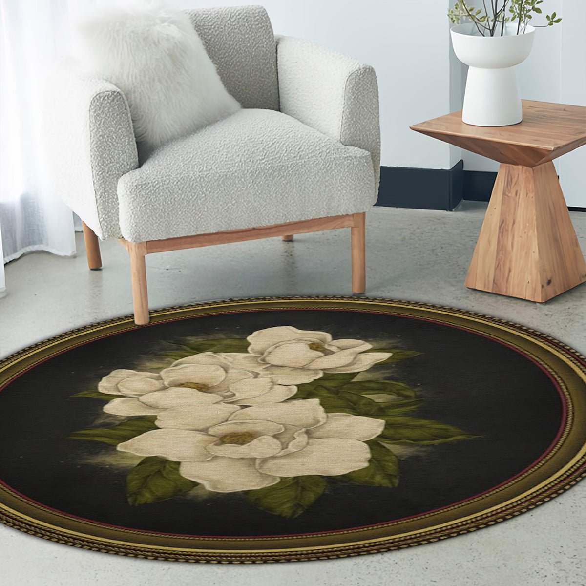 Vintage Floral Round Area Rug, Magnolia Flower Circle Rug, Elegant Home Decor for Living Room Bedroom, Gift for Home