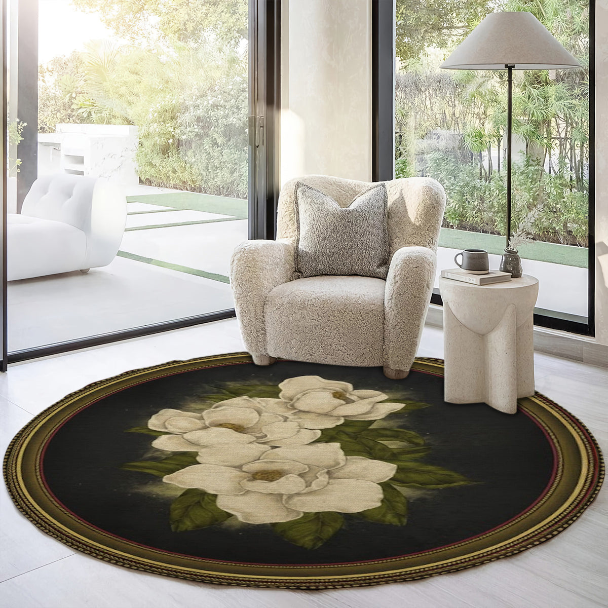 Vintage Floral Round Area Rug, Magnolia Flower Circle Rug, Elegant Home Decor for Living Room Bedroom, Gift for Home