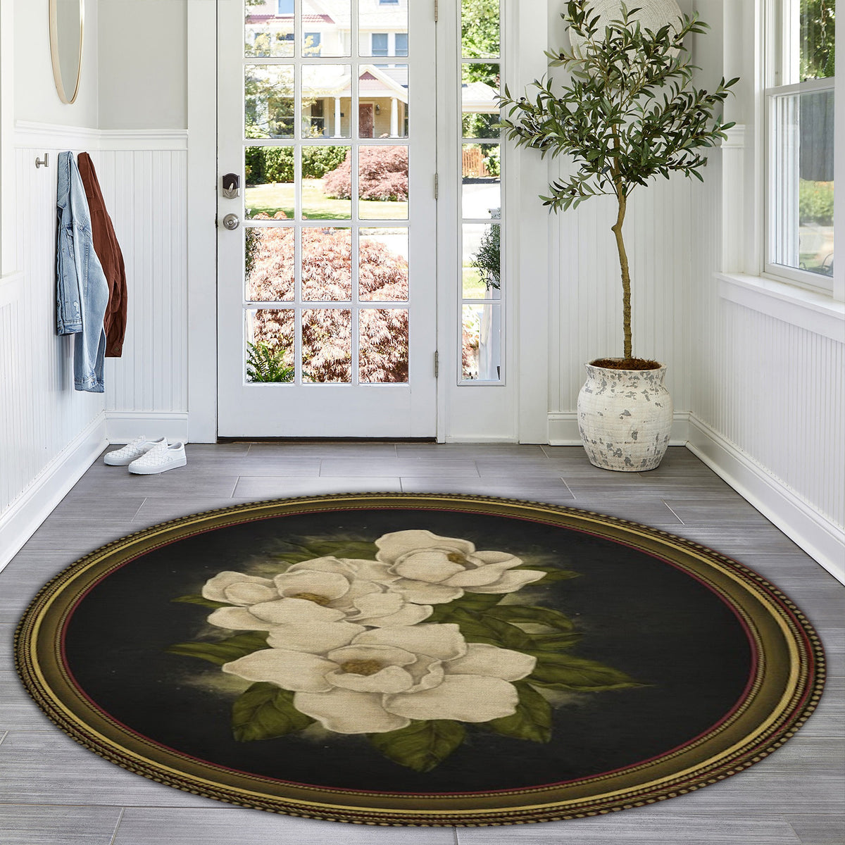 Vintage Floral Round Area Rug, Magnolia Flower Circle Rug, Elegant Home Decor for Living Room Bedroom, Gift for Home