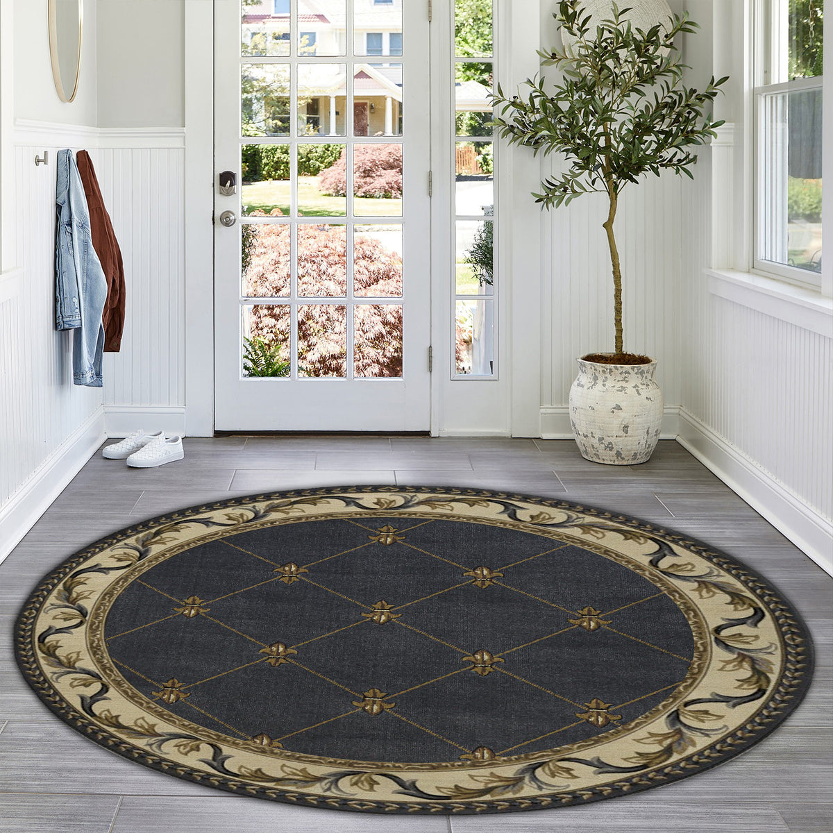 Rugs Corinthian 5320 Fleur De Lis Blue Rug, Vintage Round Area Rug Elegant Home Decor for Entryway Living Room Bedroom, Gift for Home