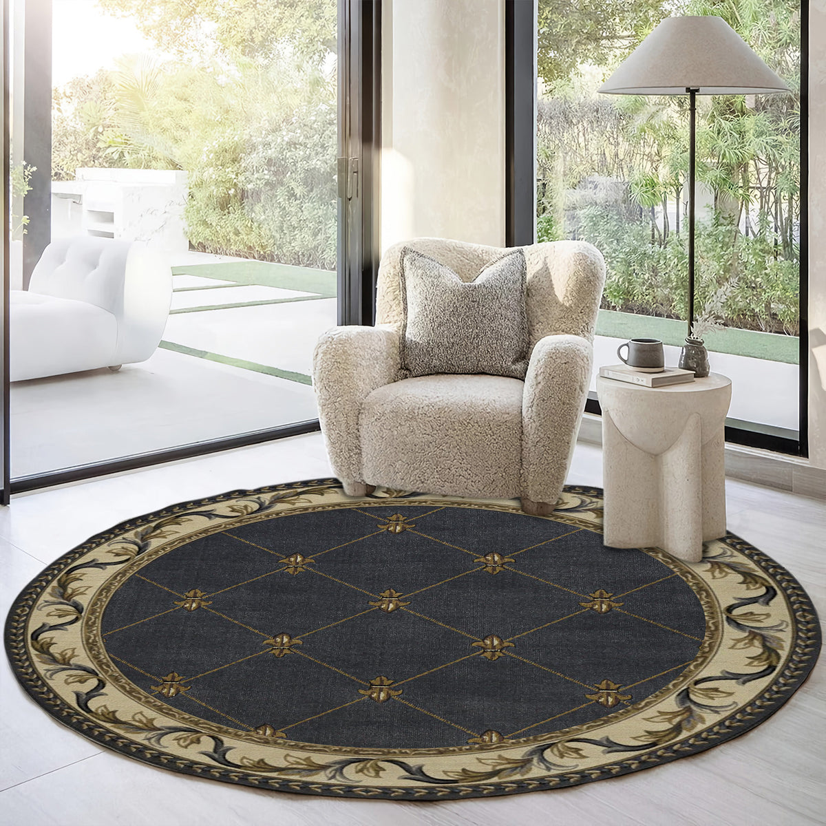 Rugs Corinthian 5320 Fleur De Lis Blue Rug, Vintage Round Area Rug Elegant Home Decor for Entryway Living Room Bedroom, Gift for Home