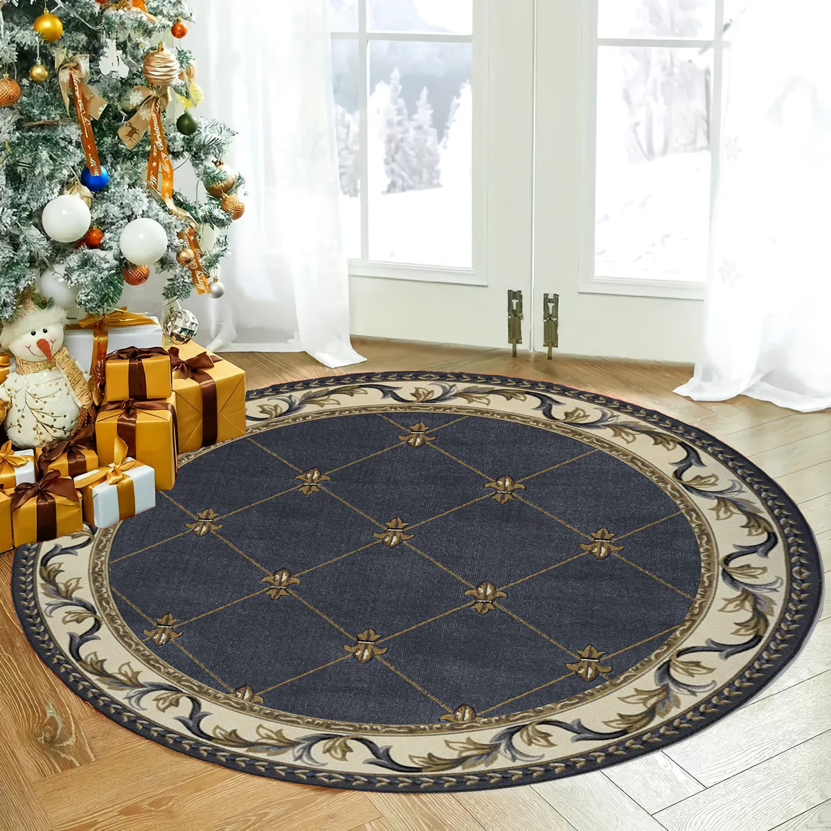 Rugs Corinthian 5320 Fleur De Lis Blue Rug, Vintage Round Area Rug Elegant Home Decor for Entryway Living Room Bedroom, Gift for Home