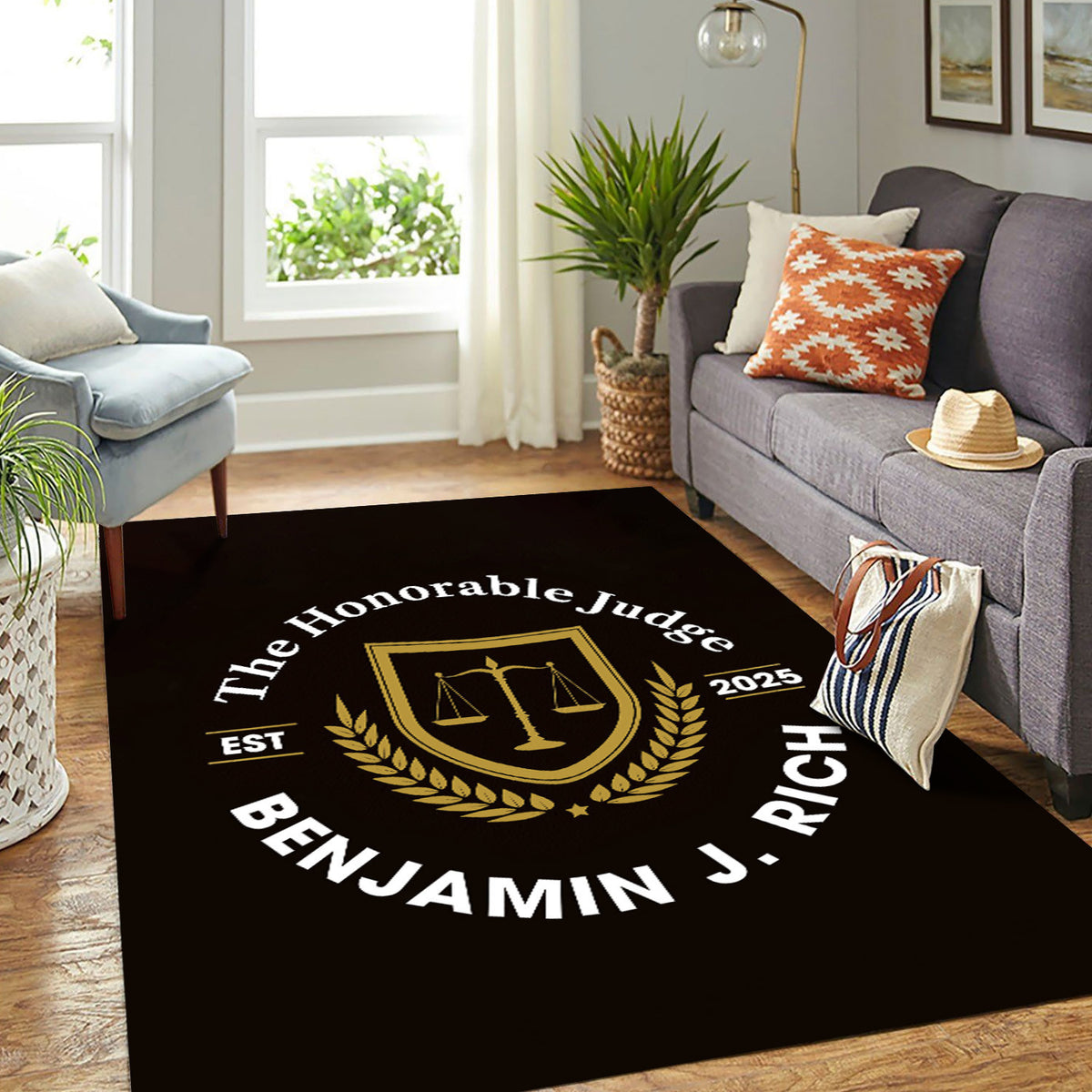 Personalized Judge Lawyer Area Rug Custom Name Justice Rug, Law Office Home Decor for Office Living Room, Gift for Judge