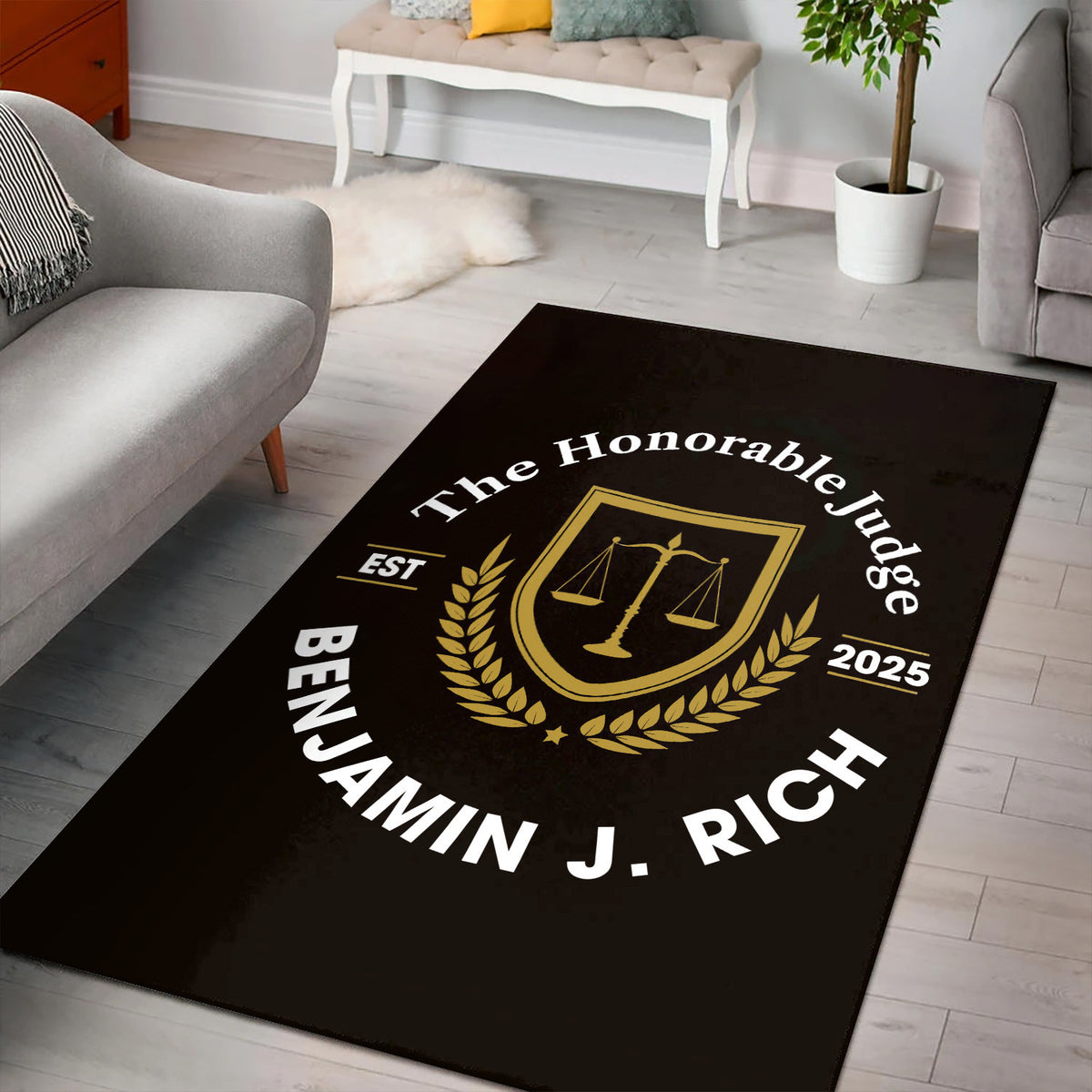 Personalized Judge Lawyer Area Rug Custom Name Justice Rug, Law Office Home Decor for Office Living Room, Gift for Judge