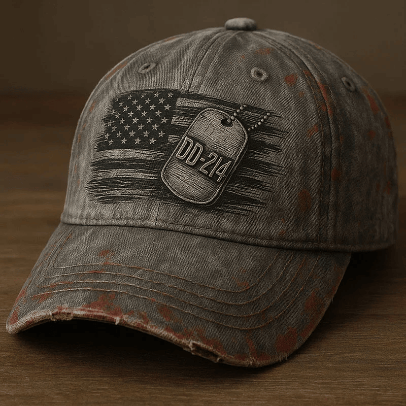 DD-214 Veteran Hat, Distressed Military USA Cap, Patriotic Dog Tag Veteran Gift for Him