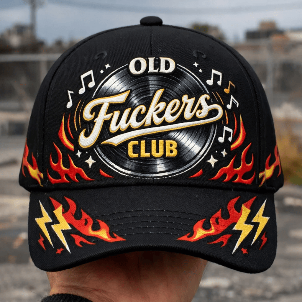 Old Fuckers Club Hat, Funny Rock Music Dad Cap, Vintage Vinyl Flame Baseball Cap, Gift for Men, Dad, Grandpa