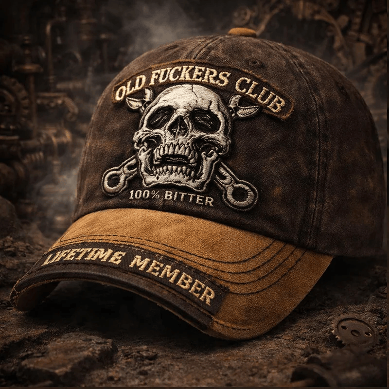 Old Fuckers Club Printed Hat, Skull Vintage Baseball Cap, 100% Bitter Lifetime Member Dad Hat, Funny Biker Gift for Men