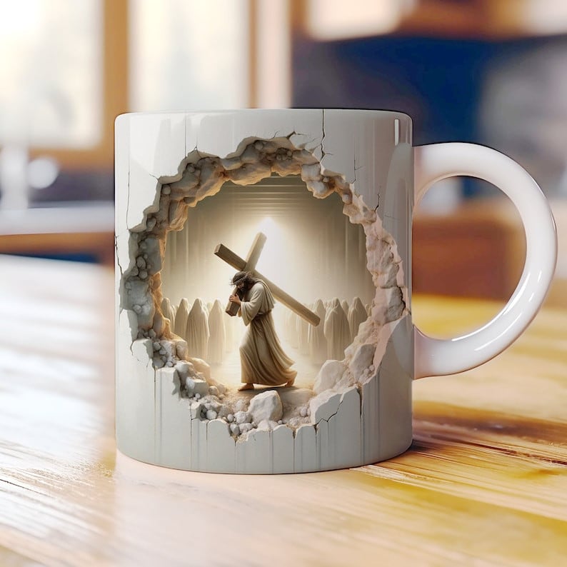 Jesus Carrying the Cross Christian Mug, Faith Coffee Cup, Religious Gift for Believers, Inspirational Jesus Mug for Prayer Time