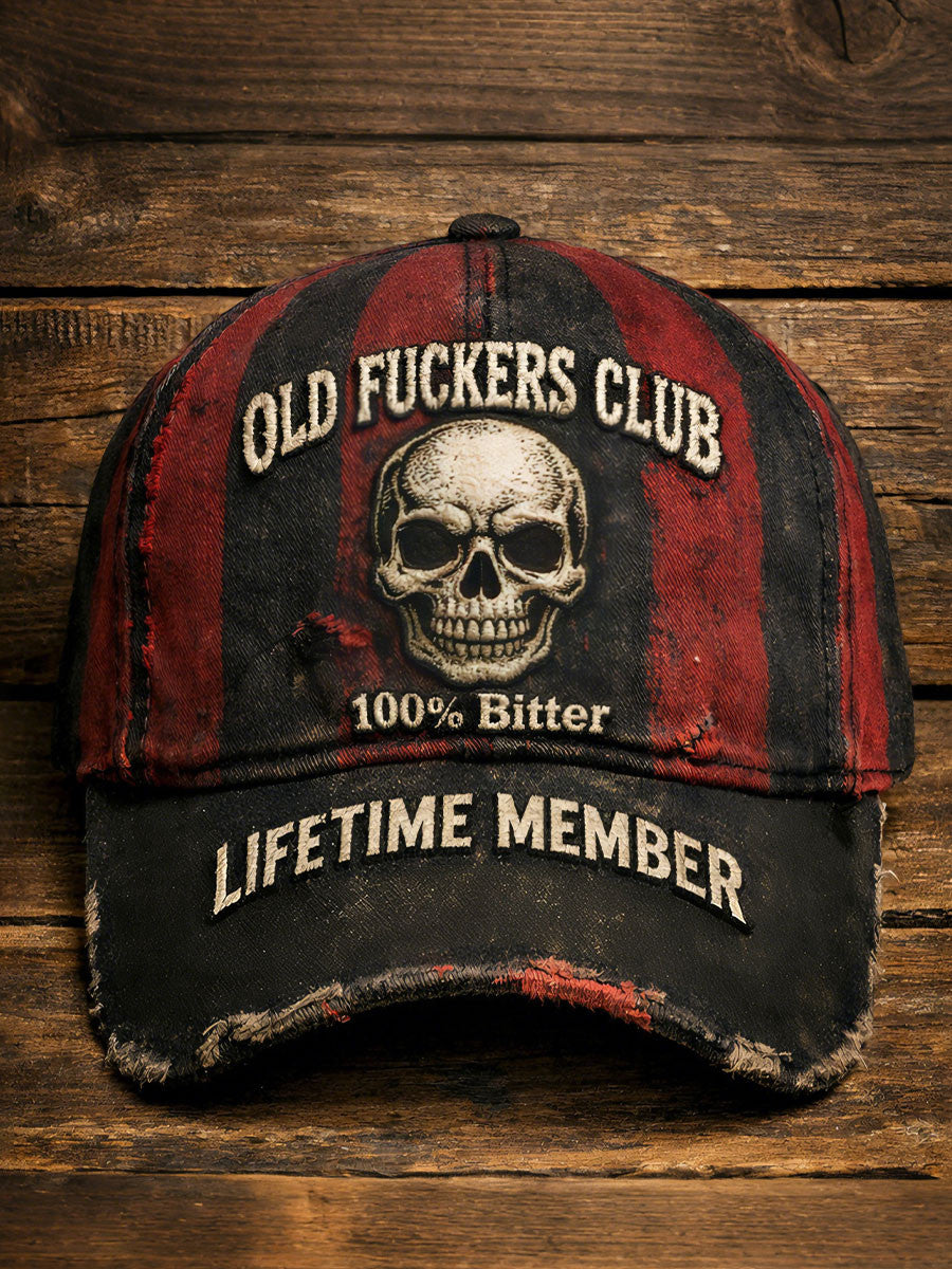 Old Fuckers Club Printed Vintage Baseball Cap, Distressed Skull Hat, 100% Bitter Lifetime Member, Funny Men Gift