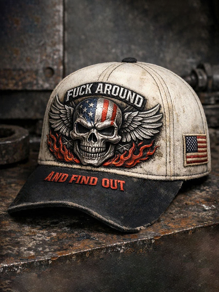 Fuck Around And Find Out Printed Vintage Baseball Cap, Distressed USA Skull Wing Hat, Biker Style Gift for Men