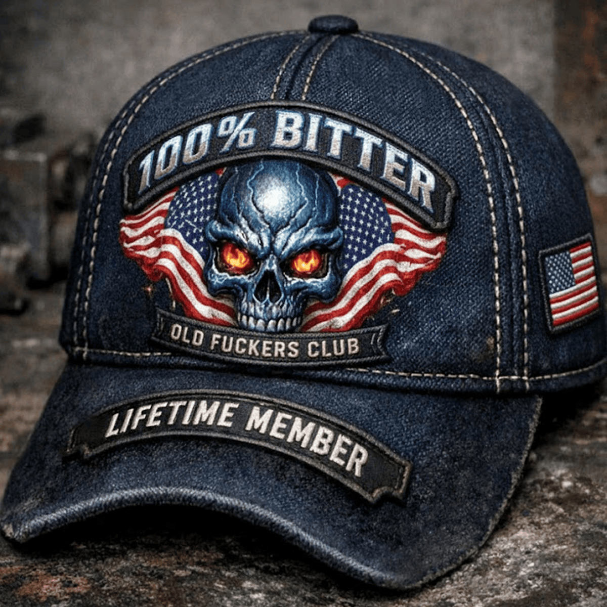 100% Bitter Skull Hat Old Fuckers Club, Patriotic American Flag Biker Cap, Funny Vintage Trucker Hat Gift for Men