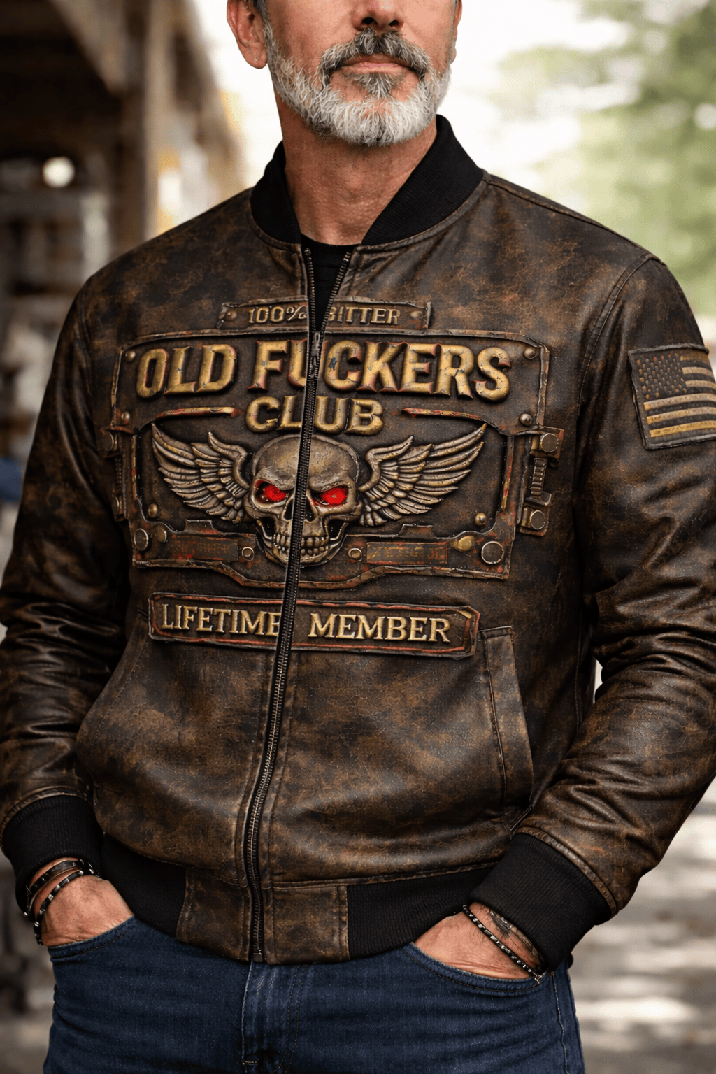 Old Fuckers Club Bomber Jacket, Vintage Biker Skull Jacket, Lifetime Member Leather Style Coat, Gift for Men Dad Husband