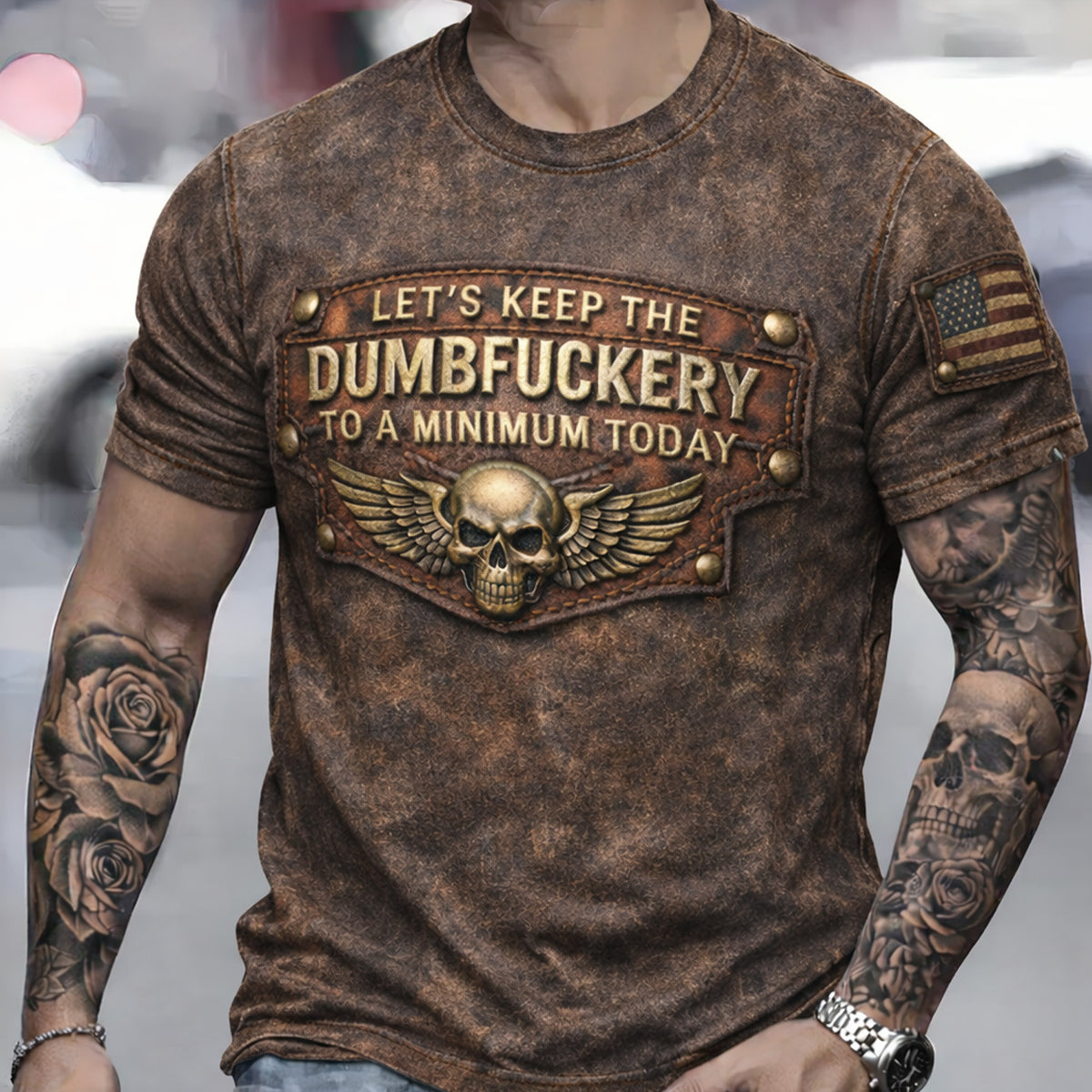 Lets Keep The Dumbfuckery To A Minimum Today Shirt Skull Wing Vintage Biker Military Graphic Tee Gift for Dad Husband