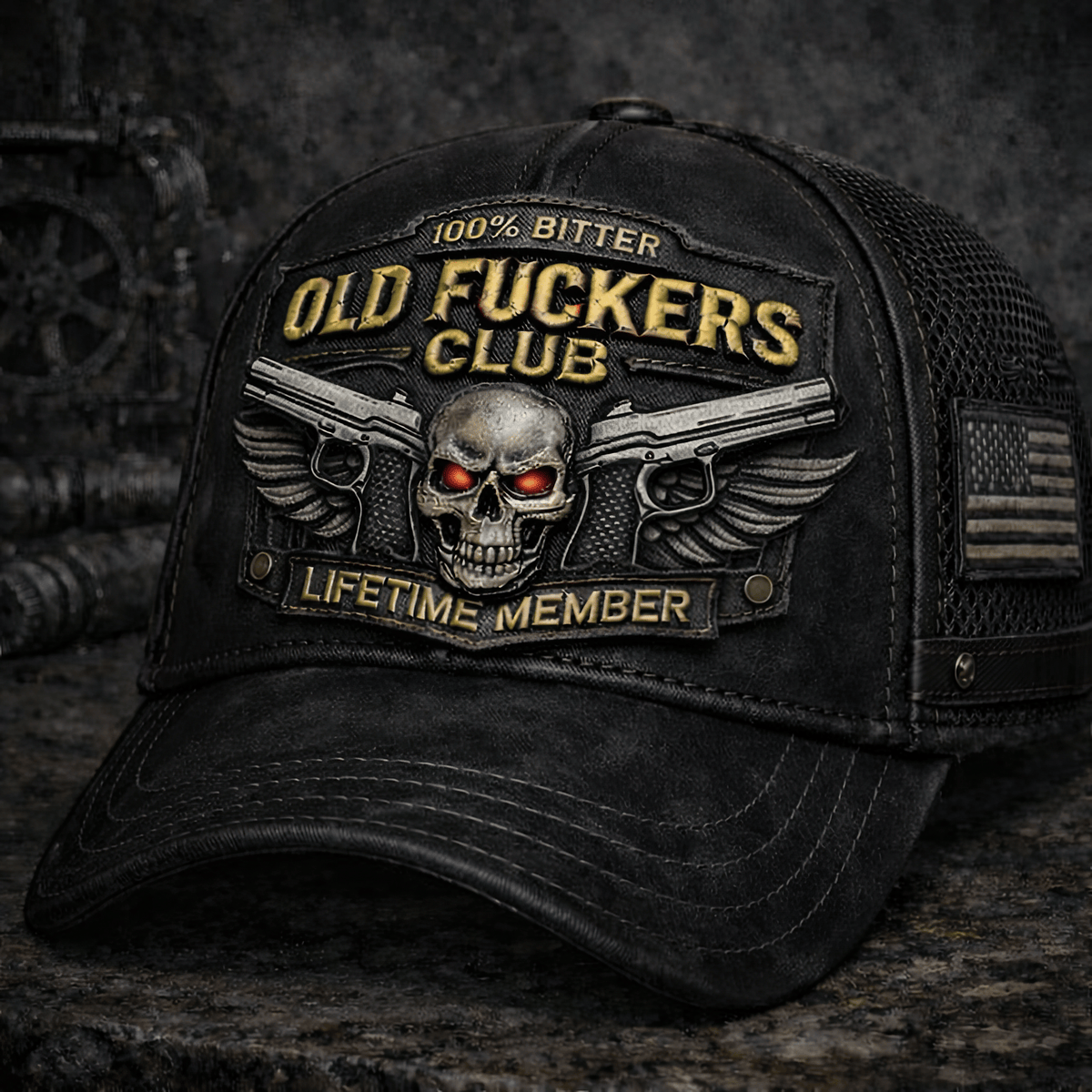 Old Fuckers Club Lifetime Member Trucker Printed Cap Skull Red Eyes Dual Pistols Biker Hat Gift For Dad Men