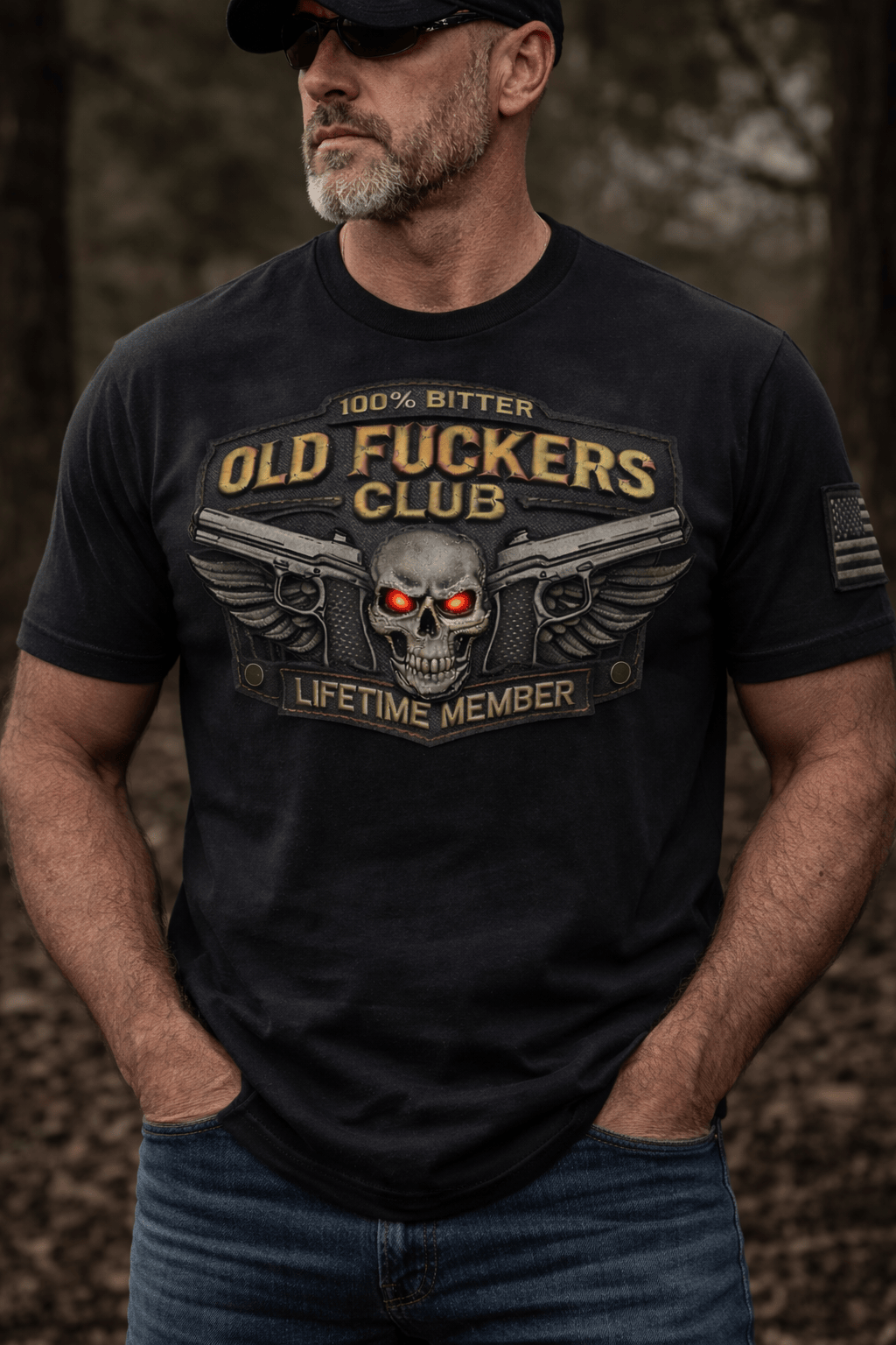 Old Fuckers Club Lifetime Member Printed T Shirt Skull Red Eyes Dual Pistols Gift For Men Dad Husband
