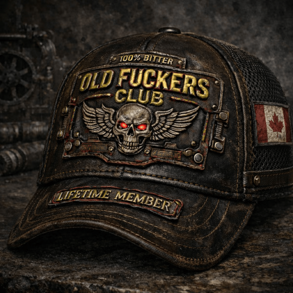 Old Fuckers Club Printed Hat with Canada Flag, Vintage Skull Trucker Cap, Biker Style Hat, Gift for Men Dad Husband