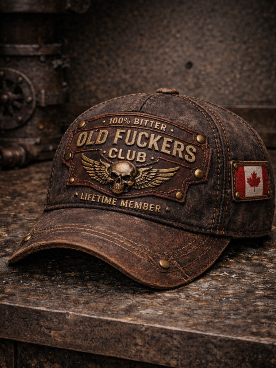 Printed Vintage Trucker Hat Old Fuckers Club Skull, Canada Flag Patch, Grunge Industrial Background, Biker Gift for Men Dad Husband