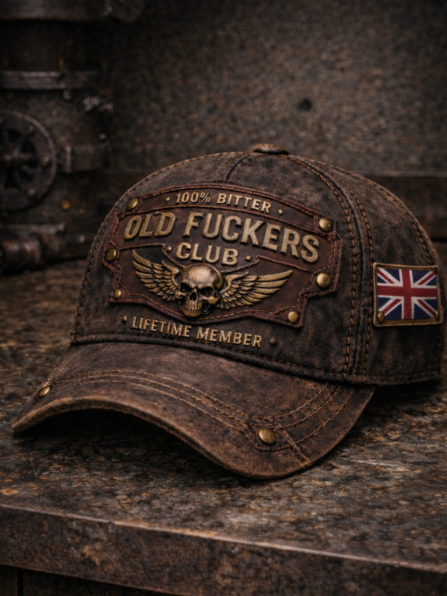 Printed Vintage Trucker Hat Old Fuckers Club Skull, USA Flag Patch, Dark Industrial Grunge Background, Biker Gift for Men Dad Husband