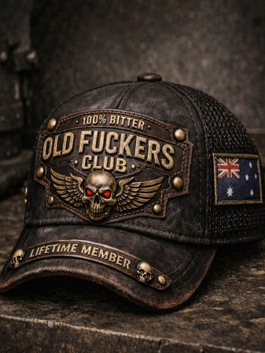 Printed Vintage Trucker Hat Old Fuckers Club Skull, Australia Flag Patch, Dark Industrial Grunge Background, Biker Gift for Men Dad Husband