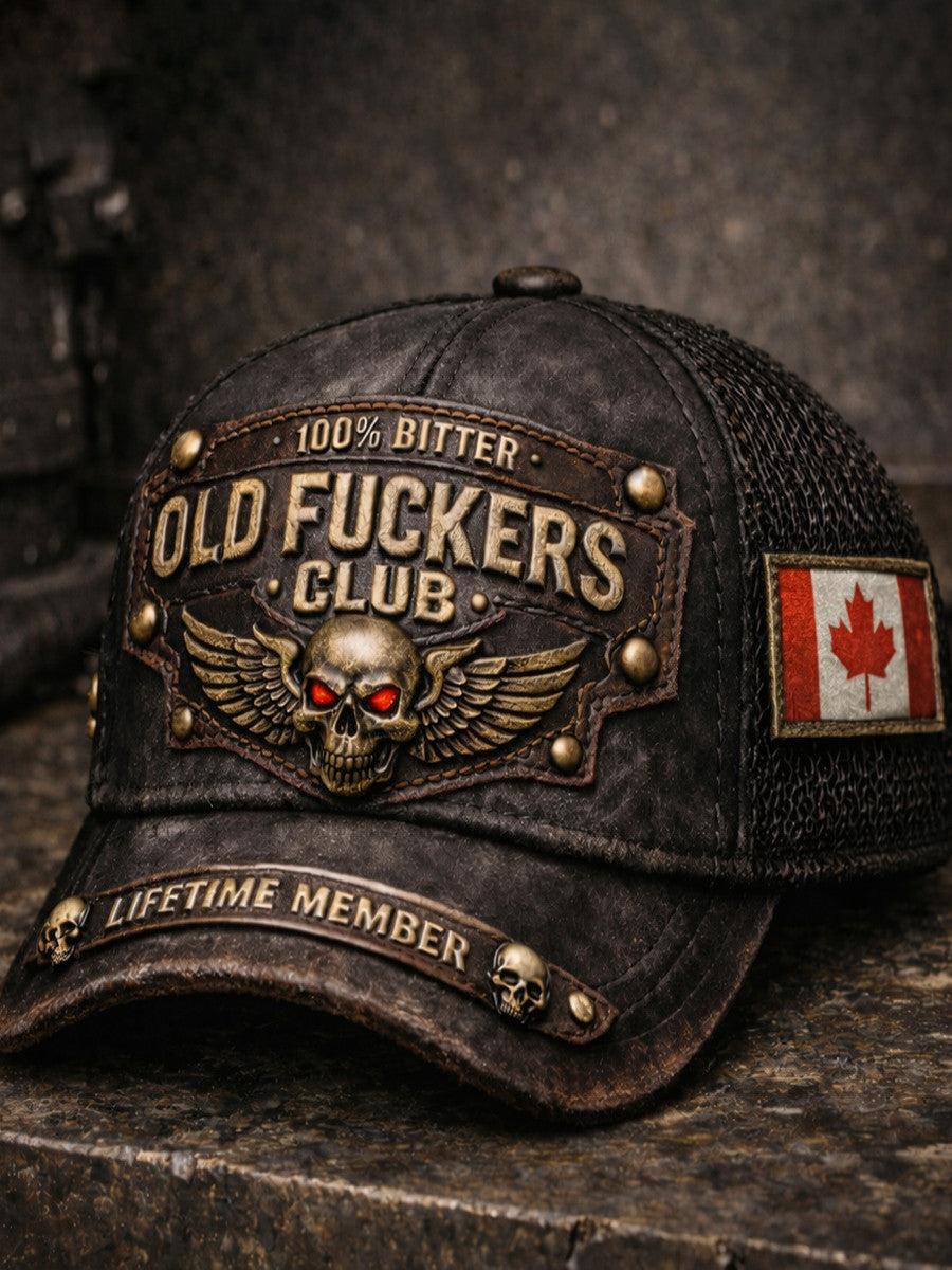 Printed Vintage Trucker Hat Old Fuckers Club Skull, Canada Flag, Dark Industrial Grunge Background, Biker Hat Gift for Men Dad Husband